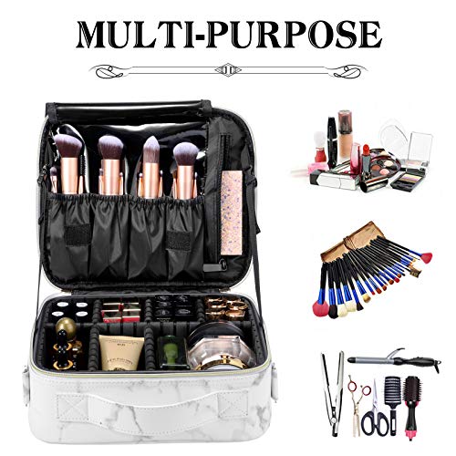 Travel Makeup Bag 10.4 Inches Portable Makeup Train Case Cosmetic Bag Organizer with Adjustable Dividers and Shoulder Strap for Cosmetics Brushes Toiletry Jewelry Digital Accessories (Marble)