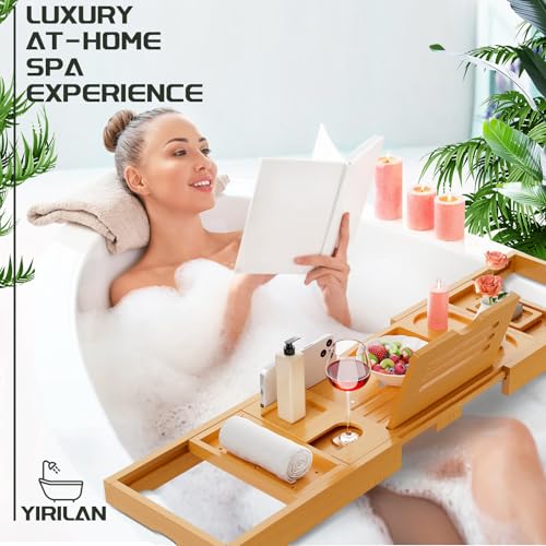 Expandable Bamboo Bathtub Tray Caddy with Wine Holder