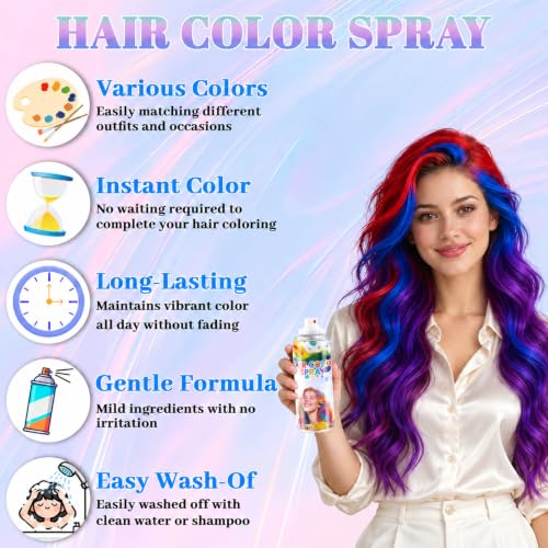 3 Pack Kids Hair Color Spray - Non-Toxic Vibrant Temporary Hair Dye - Red, Blue, Purple