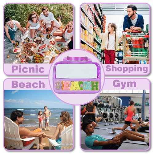 Snack Bags Chenille Letter Patch Clear Bag for Travel, Preppy Cosmetic Bag Snack pouch with Zipper, Toiletry Bag for Traveling Women, Clear Travel Bags for Toiletries (Deep Purple)