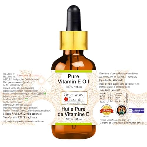 Greenwood Essential Vitamin E Oil with Glass Dropper | Traditionally Extracted | Pure | Non-Sticky | Lightweight | For Skin, Hair & Nails | All Skin Types | Men & Women | 15ml (0.50 oz)