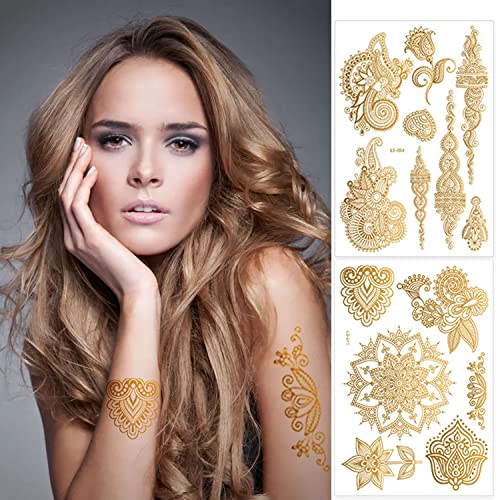 Gold Henna Temporary Tattoos 6 Sheets Waterproof Stickers