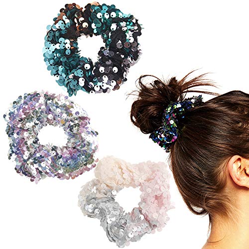 3Pcs Shiny Sequin Hair Scrunchies Hairbands, Women Elastic Glitter Fashion Scrunchie Hair Ties Ropes Hair Bands Headwear Ponytail Holders Bun Cover Hair Accessories for Gym Dance Party Club, A