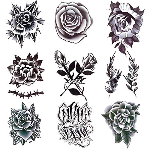 9 Sheet Black & Grey Rose Temporary Tattoos for Adults