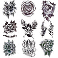 9 Sheet Black & Grey Rose Temporary Tattoos for Adults