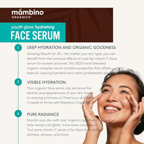 Youth Glow Hydrating Serum – Organic, Face Serum with Namibian Marula – Nourishing Omegas & Vitamin C for Dryness, Dark Spots, Dullness – Cruelty-Free Skin Care by Mambino Organics, 1 fl oz