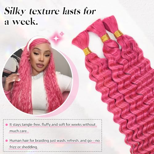 10 Inch Deep Wave Human Braiding Hair for Boho Braids ? 120g 3 Bundles/Pack Pink 100% Unprocessed 12A Brazilian Virgin Human Hair Bulk, No Weft, Wet & Wavy Curly Extensions