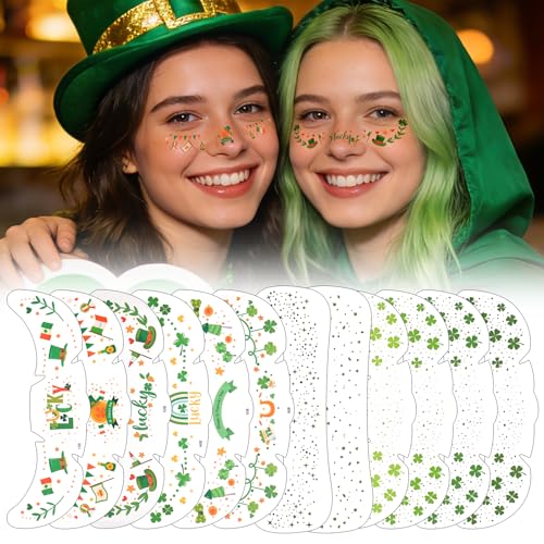 Green Glitter Face Tattoos, 12-Piece St. Patrick's Day Waterproof Stickers