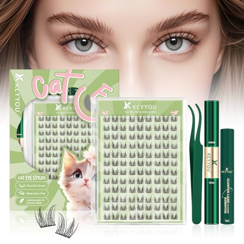 KEYYOU Bunny Lash Clusters Kit Anime Cat Eye Lashes 108pcs Wispy Natural Cat style Lash Extension Kit with Bond and Seal,Applicators,Remover for Manga DIY Eyelash Extension Kit at Home£¨MC02£©