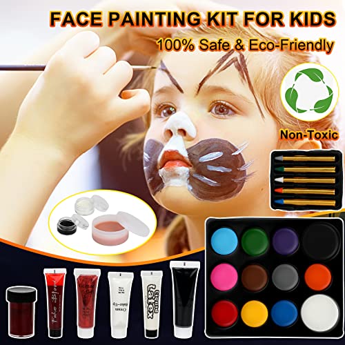 Halloween Makeup - Halloween Family Face Painting Kit Face Body Paint for Adult and Kids, All in 1 Halloween Makeup Set Face Paint with Fake Blood for Halloween Party Supplies