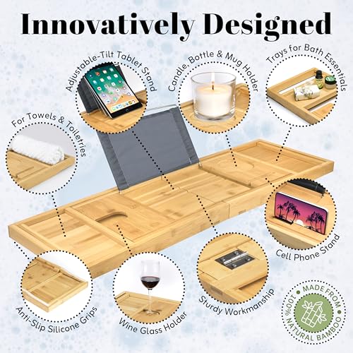 Premium Bamboo Bathtub Tray - Expandable Bath Caddy for Wine, Books & Phones