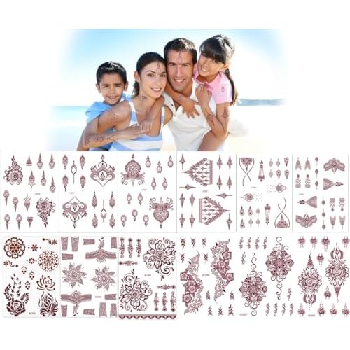 12 Sheets Henna Tattoos Temporary Stickers, 6Pcs Adult + 6Pcs Kids Stickers Brown Tattoo Templates Women Body Art Stickers for Wedding Party
