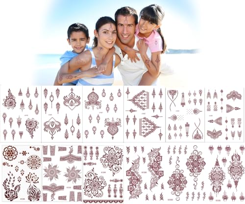 12 Sheets Temporary Henna Tattoos - Waterproof Body Art Stickers