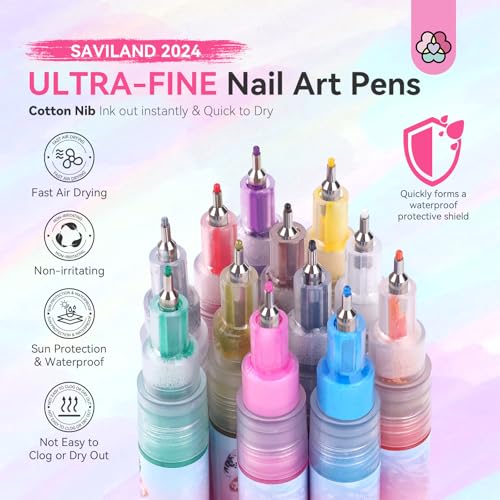 Saviland Nail Art Kit: 12 Colors 0.5mm Nail Polish Pens for Nail Art Design & 1g White Pearl Chrome Powder for Gel Nail Polish