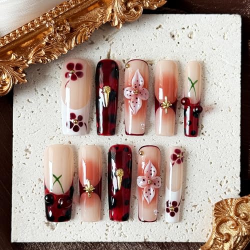 Rouge Sonata 10pcs Press On Nails for Women, Crimson Floral Golden Accent Acrylic UV Gel Wearable Nails, Korean Style Wine Red Gradient Cherry Blossom Fake Nails Set (Dark red, L)