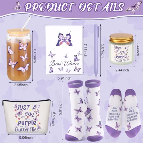 Purple Butterfly Gifts Set of 6 Butterfly Makeup Bag Scented Candle Glass Cup with Lids and Straws Sock Greeting Card Pen for Women Lady Wife Girlfriend Mothers Day Birthday