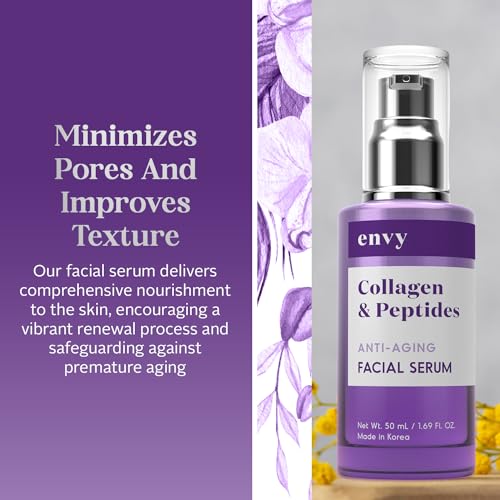 Envy Collagen & Peptides Face Serum - Dermatologist Tested - Locks in Moisture, Skin Tightening, Anti-aging, Hydrating Facial Serum - Korean Skin Care - All Skin Types - 1.69 Fl. oz