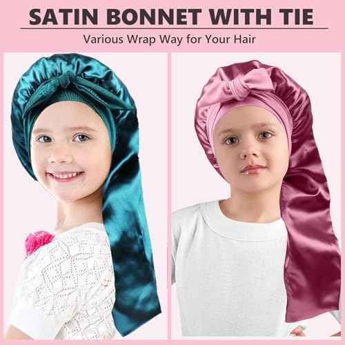 Long Kids Bonnets for Girls,Double Layer Satin Bonnet for Sleeping Kid,Bonnet for Girl Braids Long Hair Rose Gold