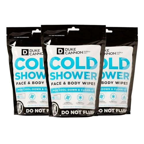 Duke Cannon Cold Shower Cooling Field Towels ? Menthol Body Wipes for Men, No Rinse Face & Body Cleansing Wipes, 15 Individually Wrapped Towels (3 Pack)