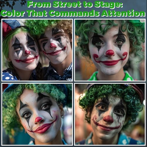 Clown Makeup Kit, Includes Red, Black & White Water Based Face Paint with 3 Face Paint Brushes & Temporary Green Hair Color Wax for Halloween Clown Makeup Costume & Cosplay