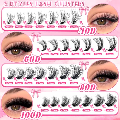 Lash Clusters Kit 32 Top and 6 Bottom Eyelashes, Wispy Natural Fluffy Lashes Clusters Extensions, 10-16mm 40D 60D 80D 100D D Curl Lash Thick kit (Bond and Seal, Glue Eyelash Brush Tweezer)