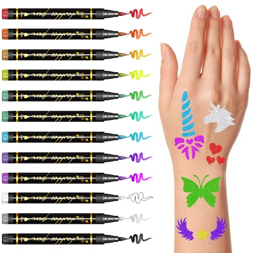 12 Metallic Tattoo Markers + 160 Stencils for Kids & Adults