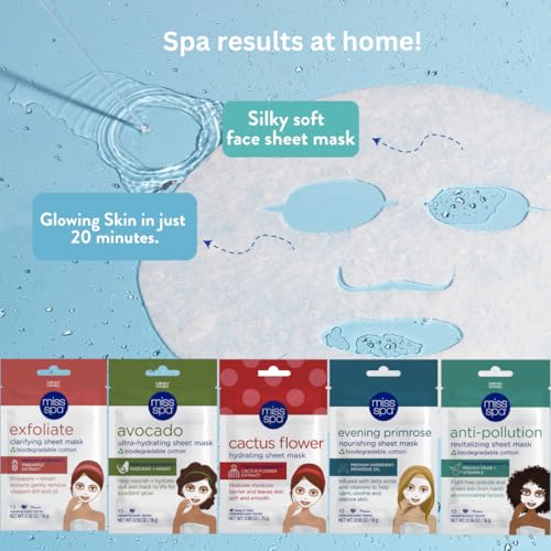 MISS SPA Hydrating & Brightening Sheet Mask Set Facial Masks for Women Exfoliating, Moisturizing Anti-Aging Skincare Bundle Nourishing Masks Dermatologist Tested 5-Pack