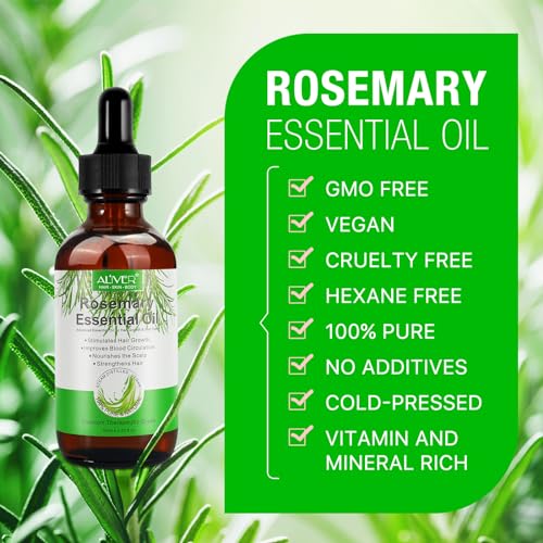 ALIVER Rosemary Essential Oil for Hair Growth, Enhanced Shine, 100% Pure Natural, Nourishment Scalp, Improves Blood Circulation, Best Serum for Skin, 2 fl oz