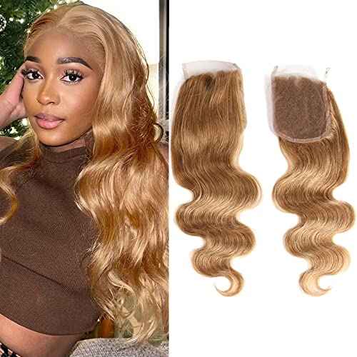 X-TRESS 4X4 Honey Blonde Closure Human Hair Pre Plucked With Baby Hair 4X4 Transparent Lace Free Part Bleached Konts 16 Inch Malaysian Natural Hair Human Hair Body Wave Honey Blonde Lace Closure
