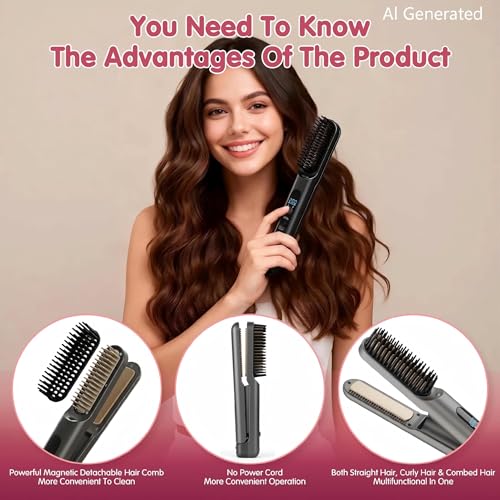 Cordless Hair Straightener Brush 2-in-1 with Curler & 4 Heat Settings
