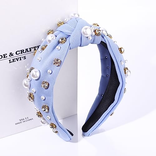 ZOLEAROPY Pearl Knotted Headband for Women White Pearl Rhinestone Jeweled Hairband Headpiece Fashion Bride Boho Twist Knot Wide Head Band Bachelorette Party Hair Accessories Gift