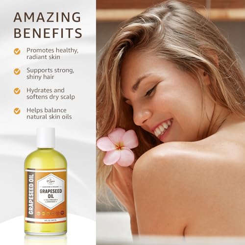 ORGANIC GRAPESEED OIL (16 oz) Cold Pressed Unrefined | 100% Pure Natural, Non-GMO | Available in Bulk | Skin, Hair, Face, Carrier for Essential Oils, Soap Making | 16 FL OZ