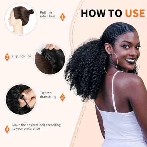 Afro Kinky Curly Ponytail Human Hair 150% Density Brazilian Virgin Hair 4C Afro Puff Drawstring Ponytail Extension for Black Women Natural Color 20 Inch