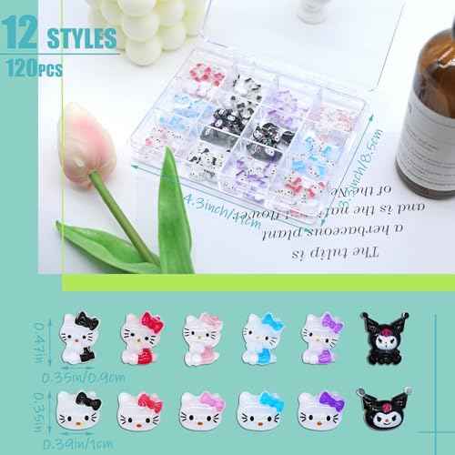 120pcs Kawaii Nail Art Charms Resin Kitty Nail Charms Cute 3D Cartoon Y2k Nail DIY Accessories for Girls and Women(Style 1)
