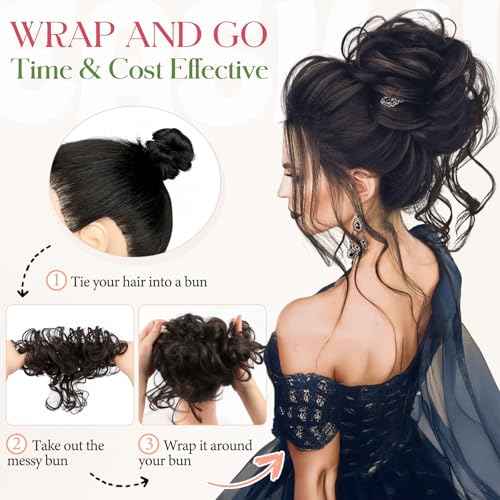 2PCS Messy Bun Hair Piece Tousled Updo with Tendrils Wavy Curly Hair Bun Scrunchies Ponytail Extension Elastic Band Hairpieces For Women (Medium Brown)