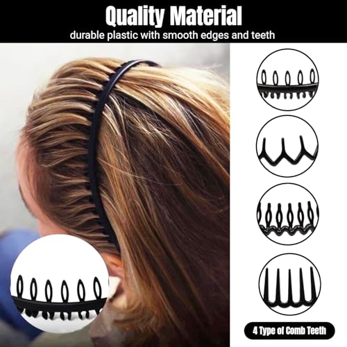 Dazzhues 8 PCS Fashion Non Slip Plastic Headbands with Teeth Comb Skinny Hair Band Effortless Unisex Headwear Hair Accessory for Women Men Teens Girls Decorations (Bright Black)