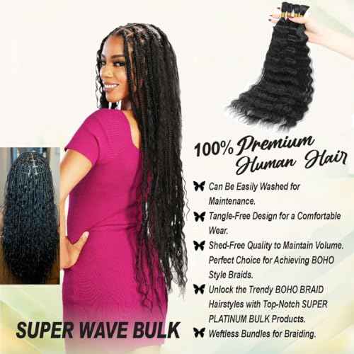 Super Wave Bulk Human Hair 100% Unprocessed Brazilian Virgin Human Hair Extensions Bundles for Braiding Hair Wet and Wave Micro Human Hair(1Pack-4PCS, 18inch Natural Black)