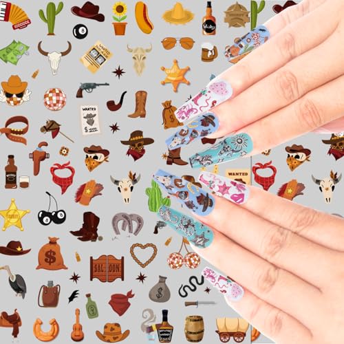 Keluna Western Nail Art Stickers - 6 Sheets Cowboy Cowgirls Nail Sticker, 5D Embossed Western Nail Decals, Retro Self Adhesive Nail Decal for Women Girls DIY Manicure Decoration Accessories
