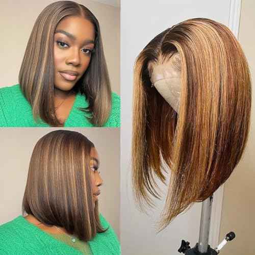 4/27 Ombre Highlight Bob Wig Human Hair 12 inch straight 427 bob wig 13x4 Highlight HD Lace Frontal Bob Wig Human Hair 180% Density Pre Plucked Ombre Short Bob Wigs for Black Women
