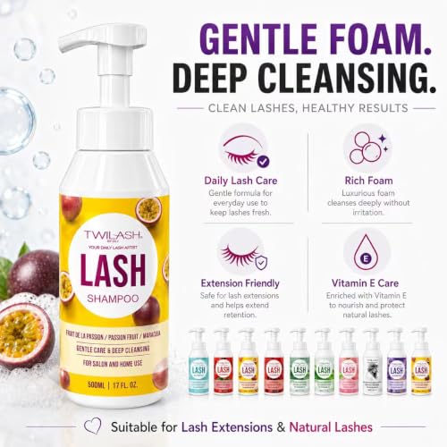 TWILASH Passion Fruit Lash Shampoo 500ml - Gentle Foaming Eyelash Cleaner for Extensions & Daily Care