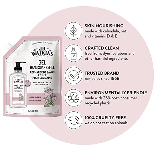 J.R. Watkins Rosewater Liquid Hand Soap Refill Pouch 1L - Gentle, Plant-Based