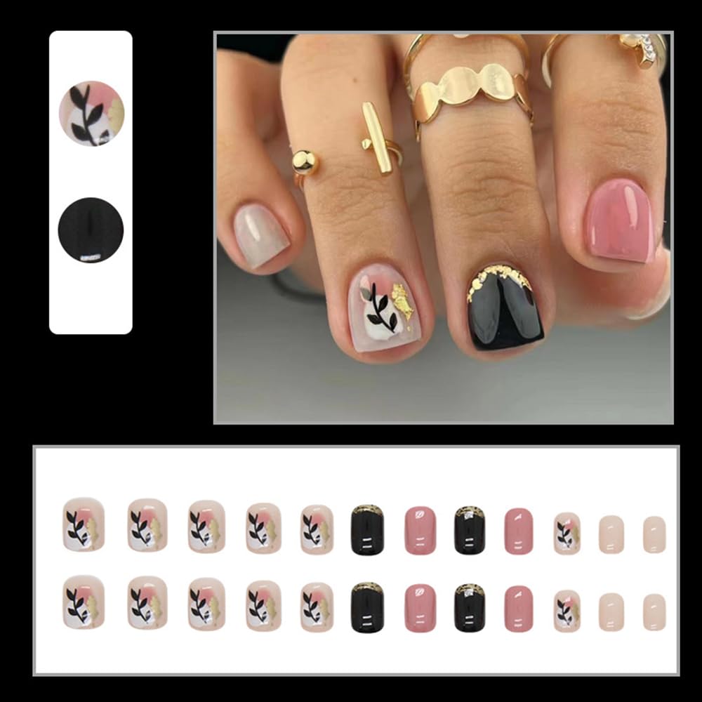 24 Pcs Short Press on Nails Square Fake Nails Acrylic False Nails with Retro Black Gold Leaves Designs Short Acrylic Nails Glossy Glue on Nails for Women