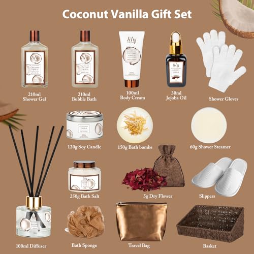 LILY ROY 17-Piece Coconut Vanilla Spa Gift Set - Hydrating Bath Basket