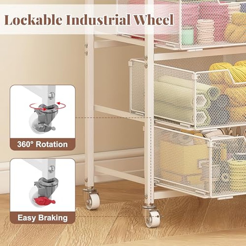 4-Drawer Metal Rolling Storage Cart with Wooden Top - White