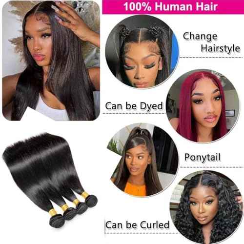 Straight Bundles Human Hair 20 22 24 26 Inch 100% Unprocessed Brazilian Virgin Hair 4 Bundles Hair Extension for Black Women Natural Color