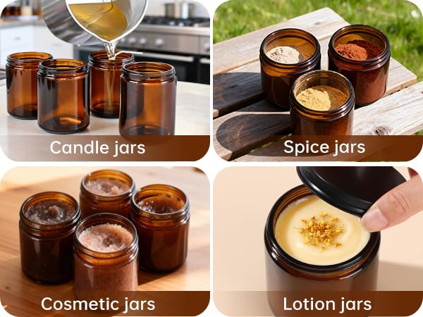 8oz Amber Glass Jars with Lids (3 Pack) - Airtight Candle & Cosmetic Containers