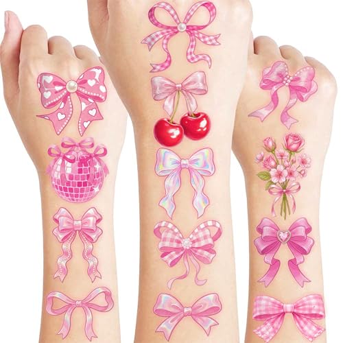 Pink Bow Temporary Tattoos for Kids - 96 PCS Party Favors