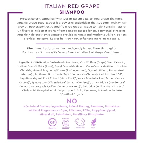 Desert Essence, Italian Red Grape Shampoo, 8.0 fl. Oz. - Gluten Free - Vegan - Cruelty Free - Moisturizing Shampoo - UV Protection - Color Treated Hair