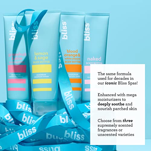 Bliss Hydrate and Exfoliate Duo Body Butter - Grapefruit and Aloe - Maximum Moisture Cream - 6.7 Fl Oz - Body Lotion for Dry Skin Satin-Skin Body Polish - Lemon and Sage - Body Scrub wit
