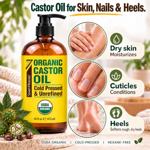 Seven Minerals USDA Organic Castor Oil 16 oz Glass Bottle with Pump – Cold Pressed, Hexane Free